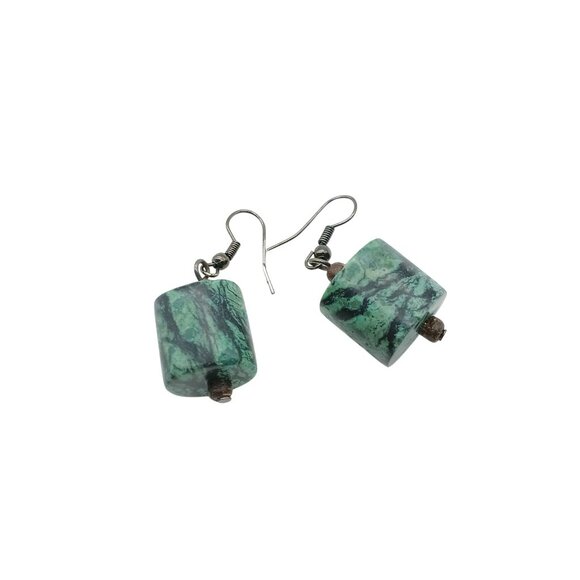 Green Jasper Stone Vintage Cylinder Earrings for Dramatic Dangle Drop - Picture 2 of 4